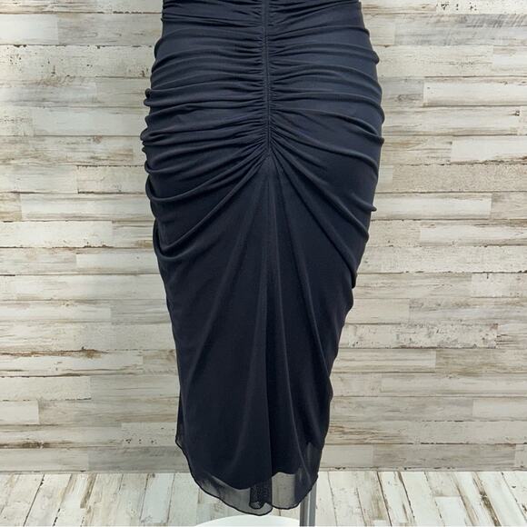 Tadashi Shoji Bandage Mesh Ruched Cocktail Dress Size S Black Asymmetrical Neck - Picture 12 of 16